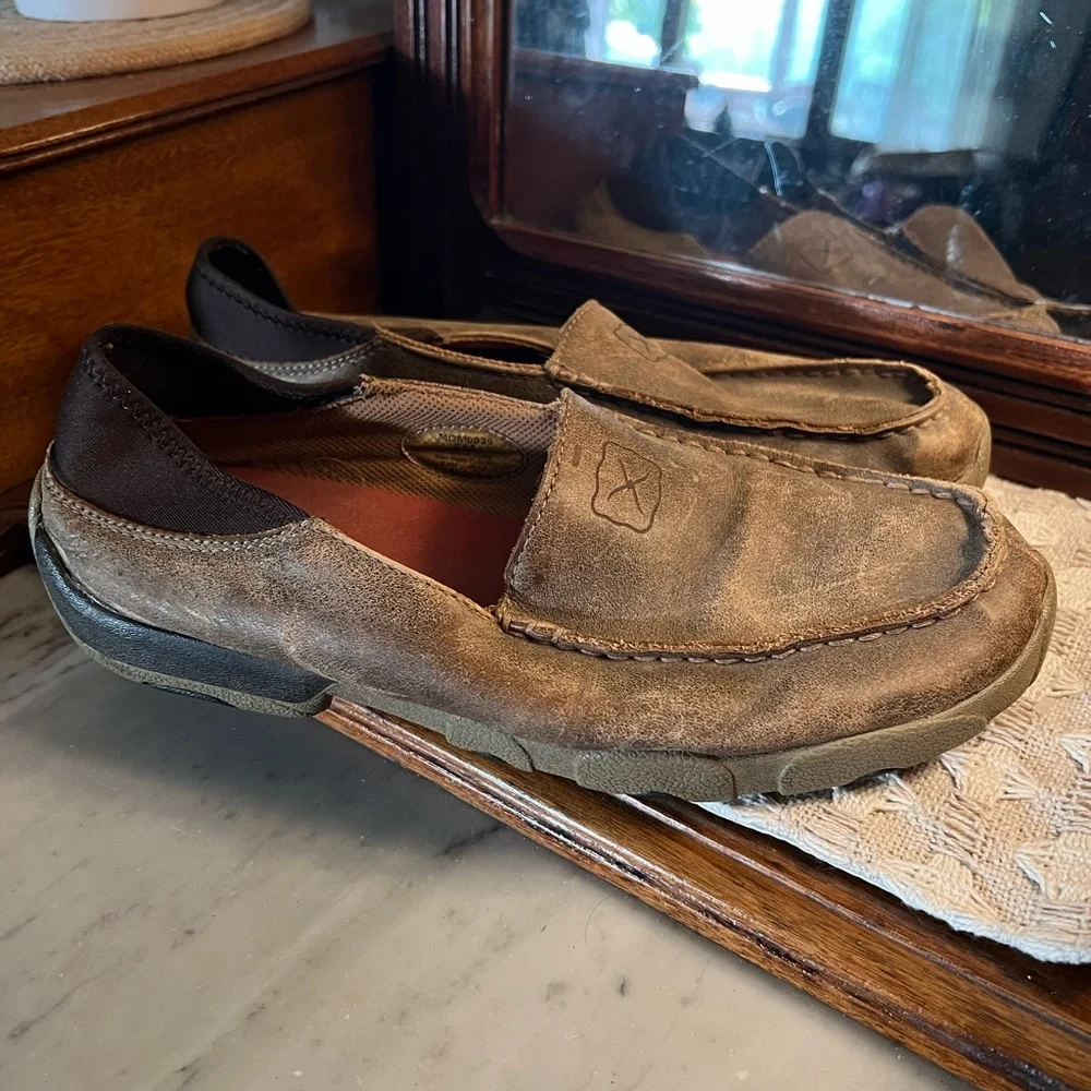 TWISTED X Classic Leather Slip On Driving‎ Moccasin Tan & Brown Men's Size 8 EUC